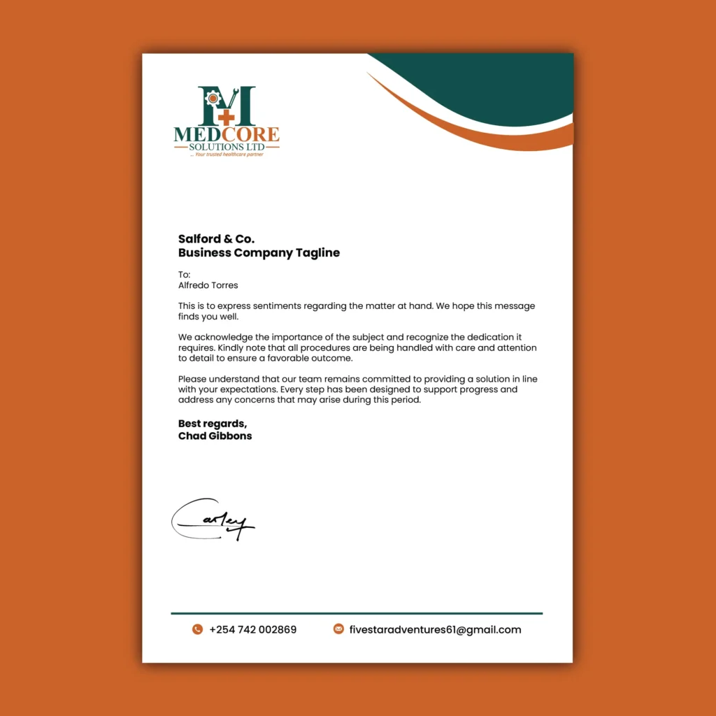 Business letterhead design with corporate branding in Kenya